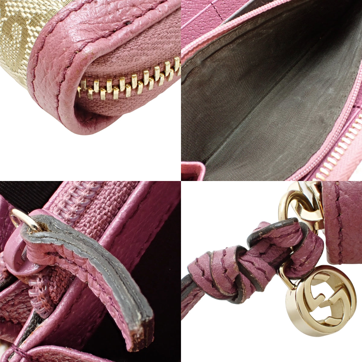 GG Round-Zip Long Wallet, GG Canvas Leather, Beige/Pink, 394005