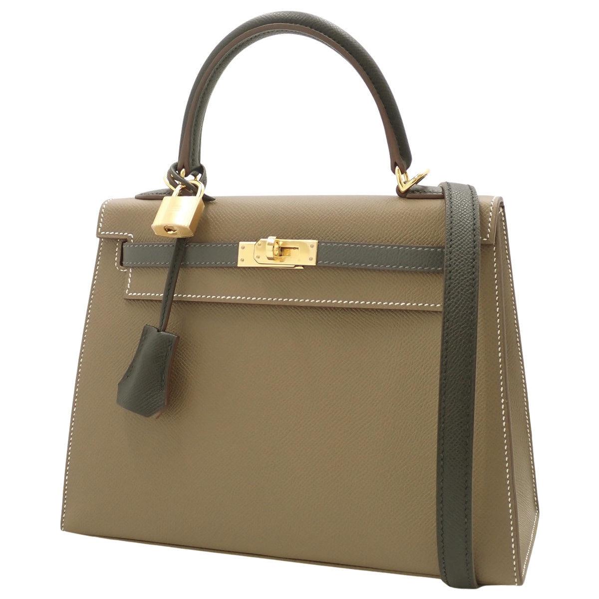 [Unused] Kelly 25 (Exterior Stitched) Epsom Calfskin, Etoupe/Slate/Black, Gold Hardware, W Stamp