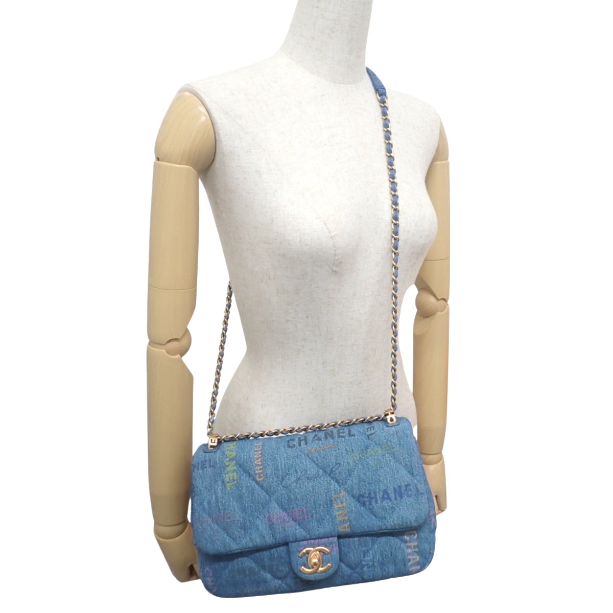 マトラッセ チェーンショルダーバッグ スモール コットンデニム ブルー マルチカラー AS3134