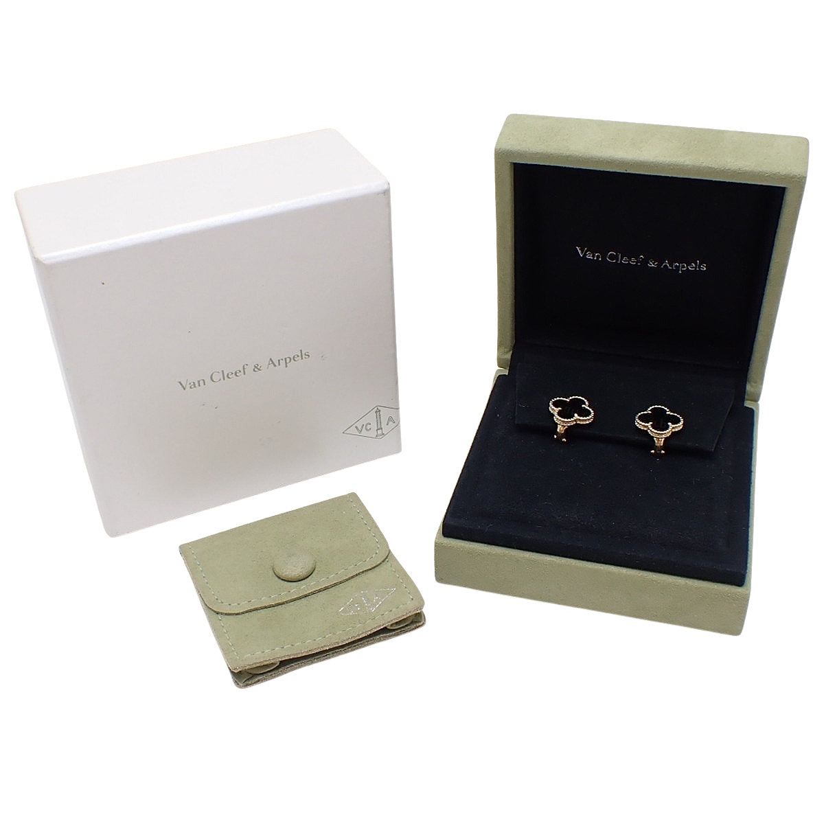 复古 Alhambra 耳环，18K 黄金镶嵌缟玛瑙