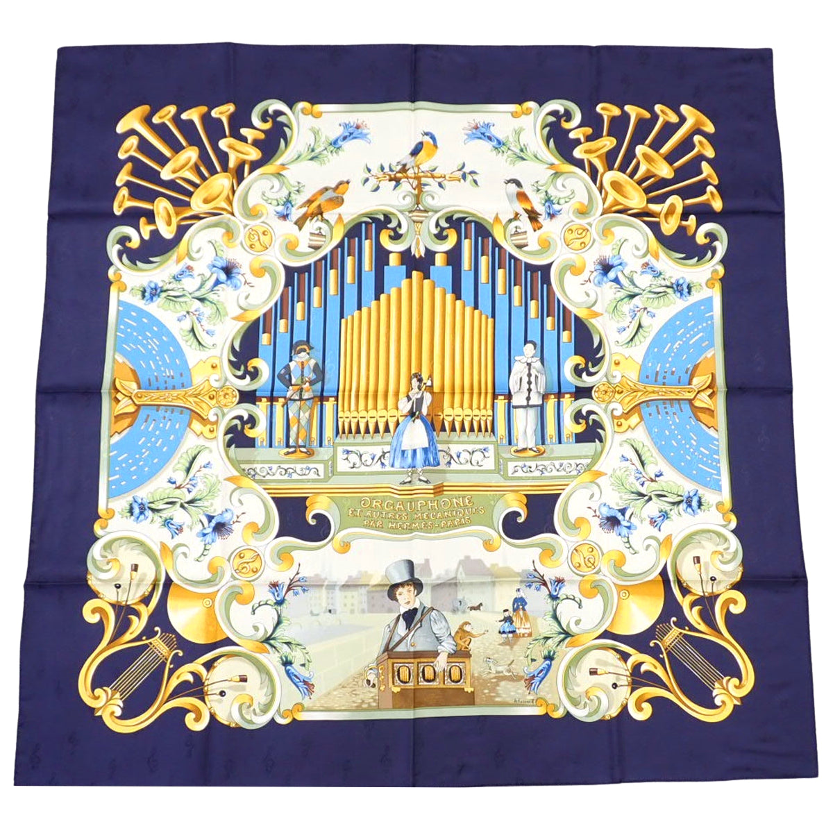 ORGAUPHONE ETAUTRES MECANIQUES Pipe organs and mechanical musical instruments, 90cm square silk scarf.