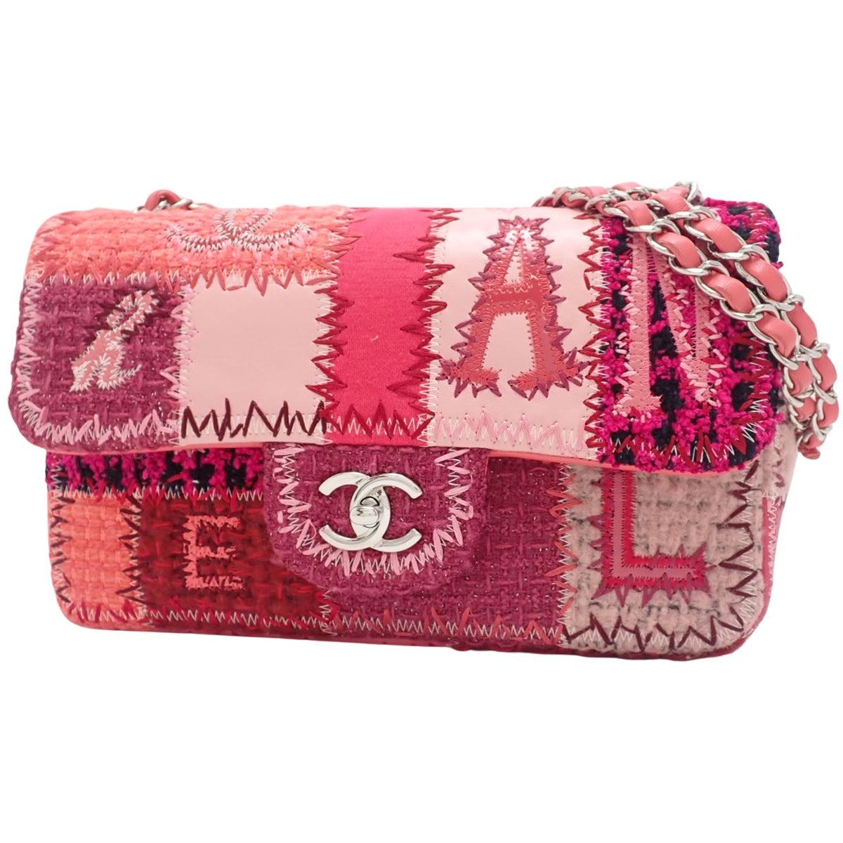 斜纹软呢和皮革拼接翻盖包，亮粉色和红色，A65468