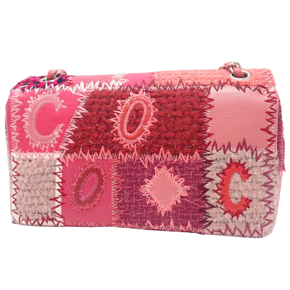 斜纹软呢和皮革拼接翻盖包，亮粉色和红色，A65468