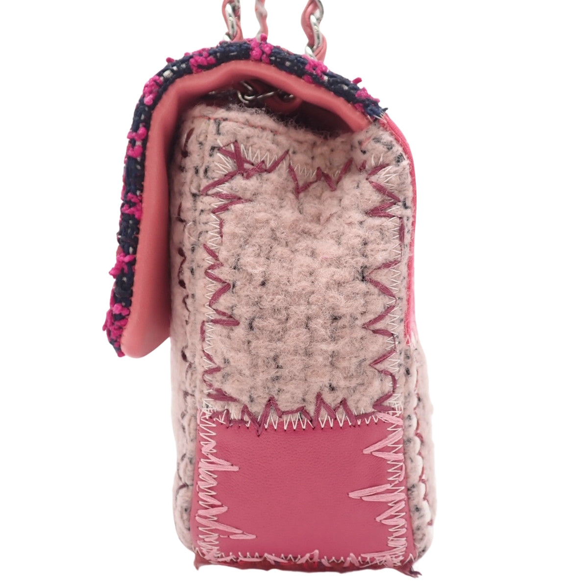 斜纹软呢和皮革拼接翻盖包，亮粉色和红色，A65468