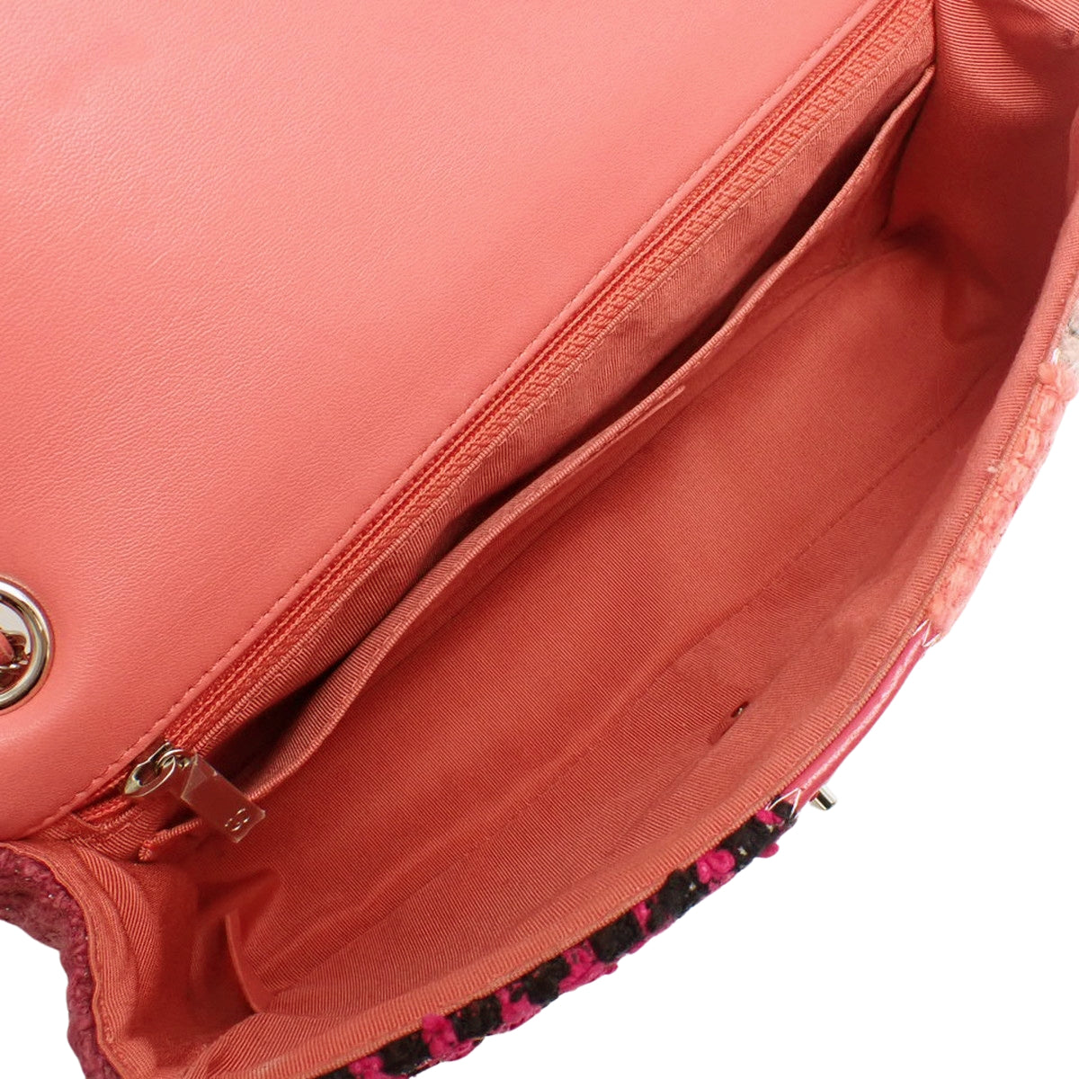 斜纹软呢和皮革拼接翻盖包，亮粉色和红色，A65468