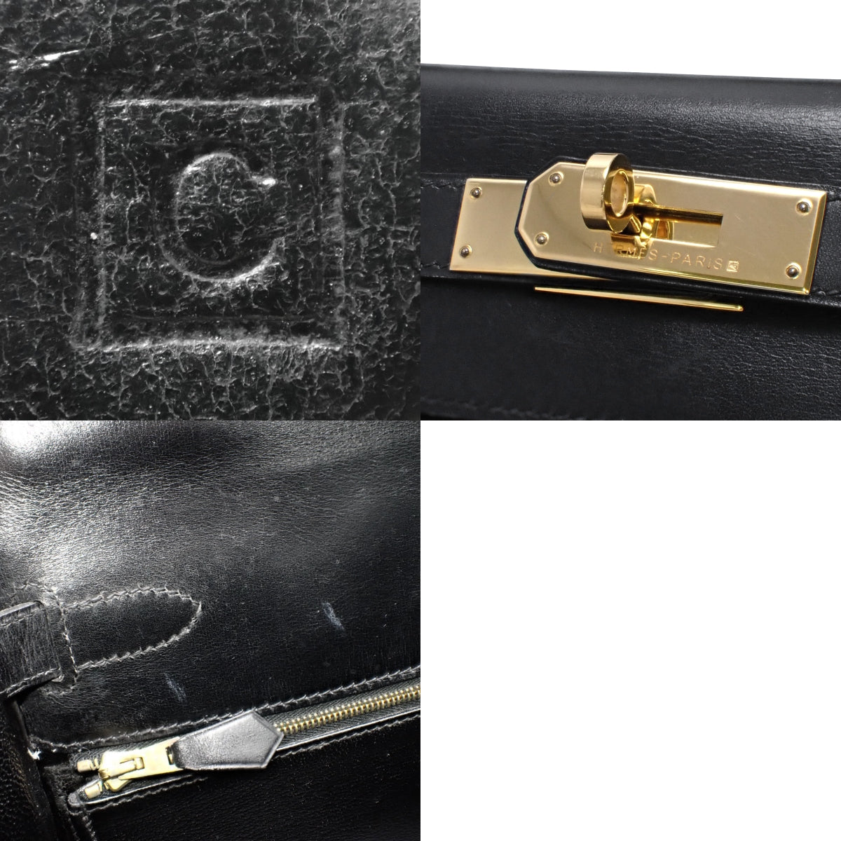 Kelly 28（内缝线），黑色小牛皮材质，金色五金配件，带C字印记