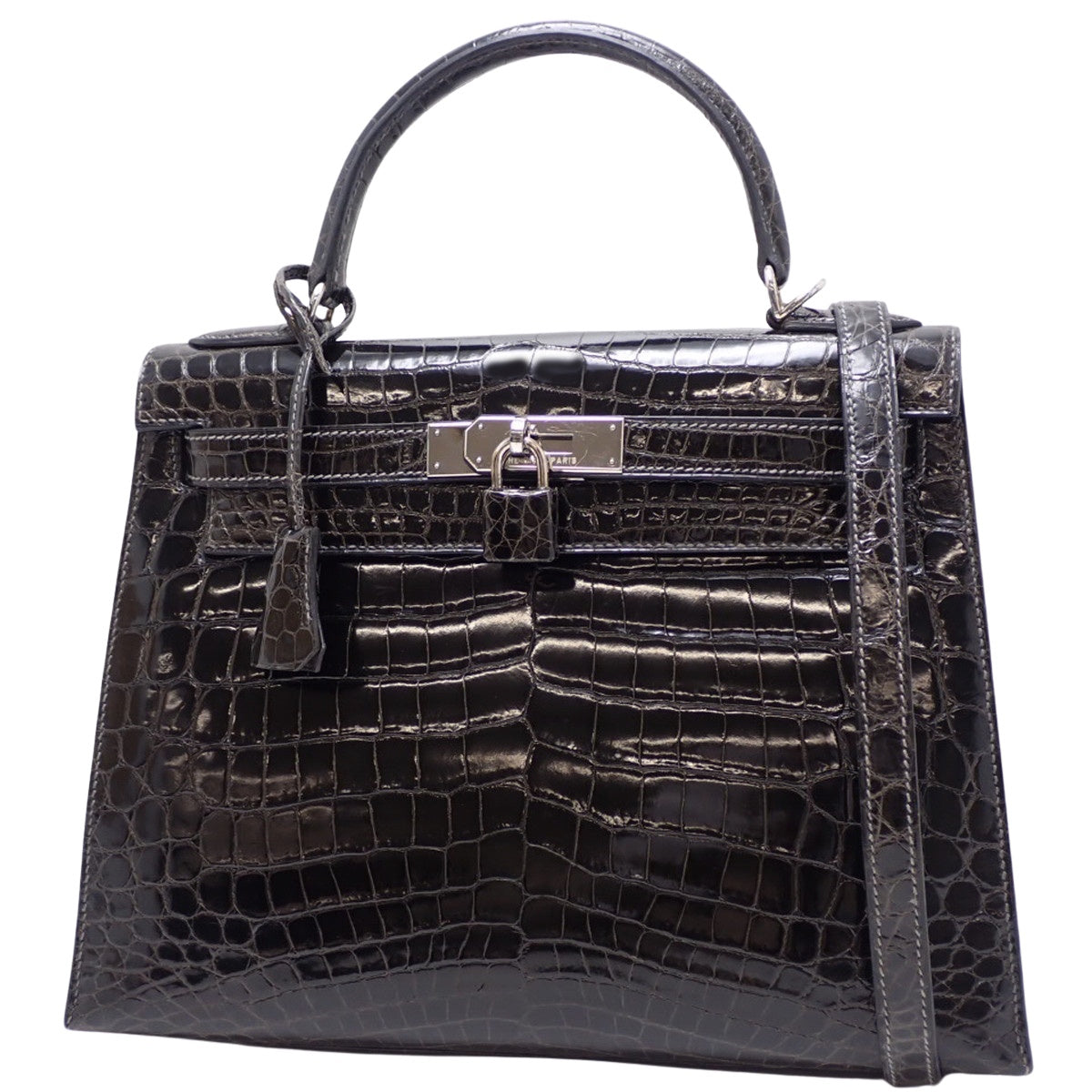 Kelly 28 (External Stitching) Niloticus Graphite with Silver Hardware, F Stamp