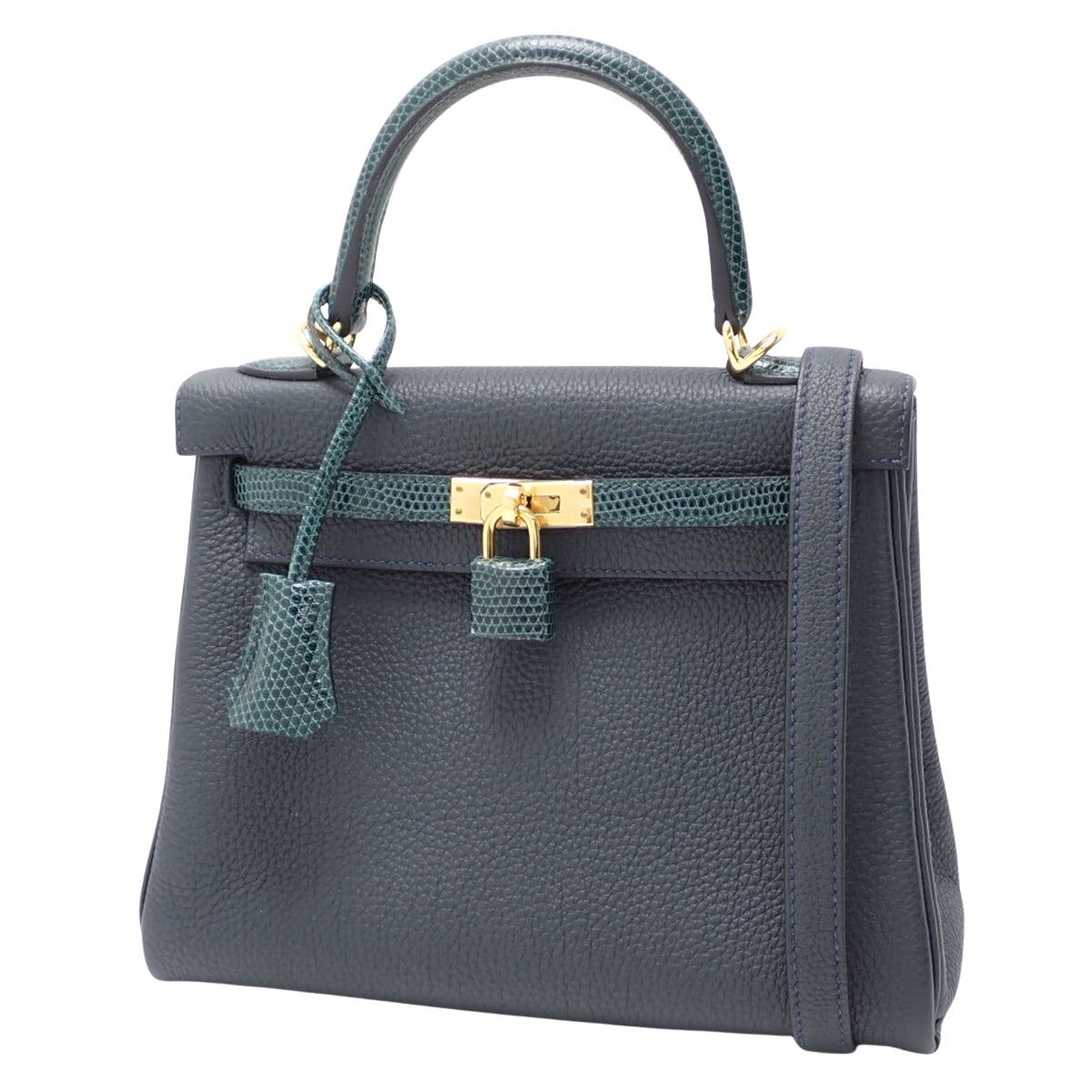 Kelly Touch 25（内缝）Togo蜥蜴皮绿色Rousseau包，配金色五金件和双印章