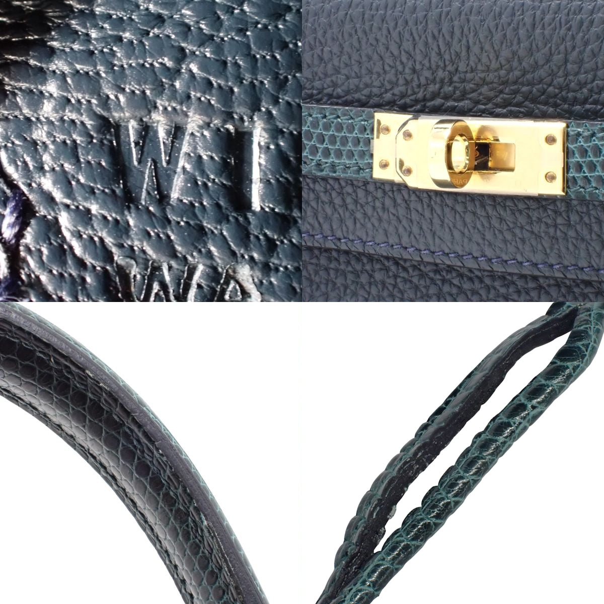 Kelly Touch 25（内缝）Togo蜥蜴皮绿色Rousseau包，配金色五金件和双印章