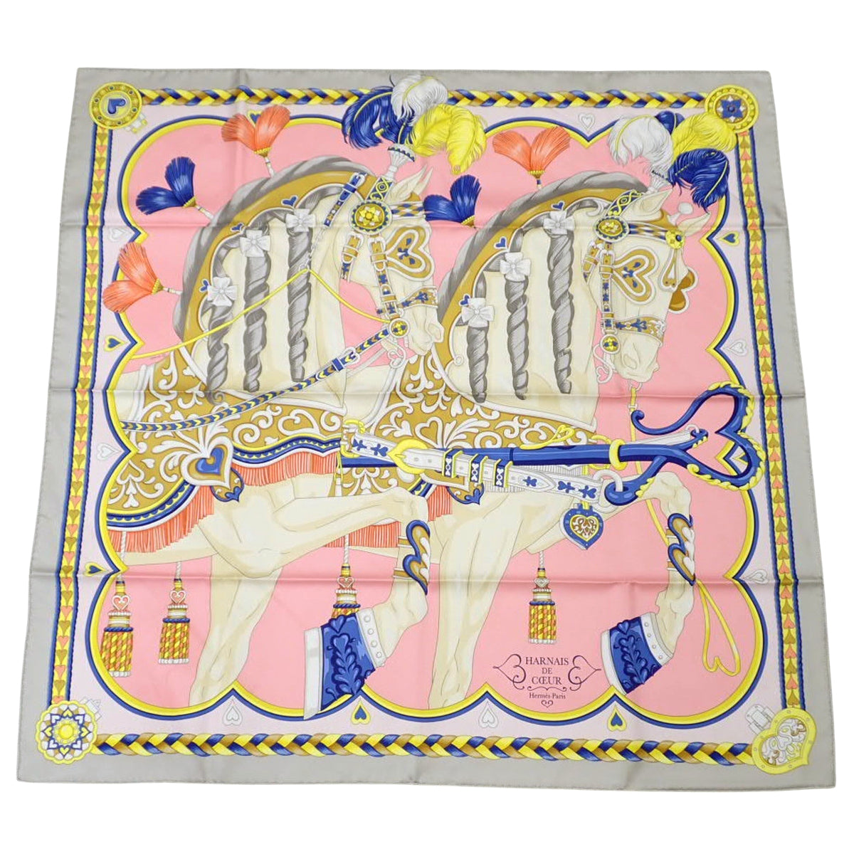 HARNAIS DE COEUR 真丝方巾 90 厘米，绿色珍珠/玫瑰色糖果/蓝色