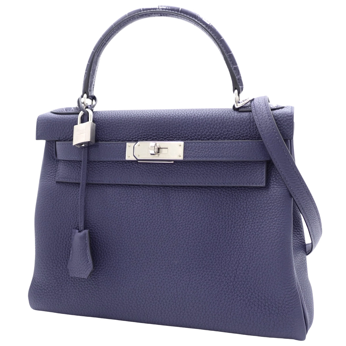 Kelly Touch 28（内缝）Togo鳄鱼皮和短吻鳄皮，蓝色踝带，银色五金配件，D字印记