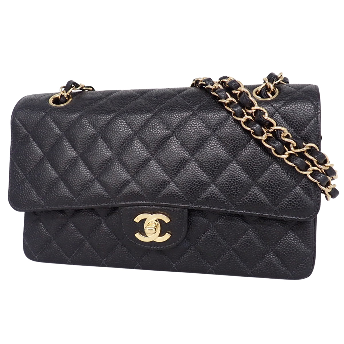 マトラッセ ココマーク Wフラップ25 チェーンショルダーバッグ キャビアスキン ブラック A01112