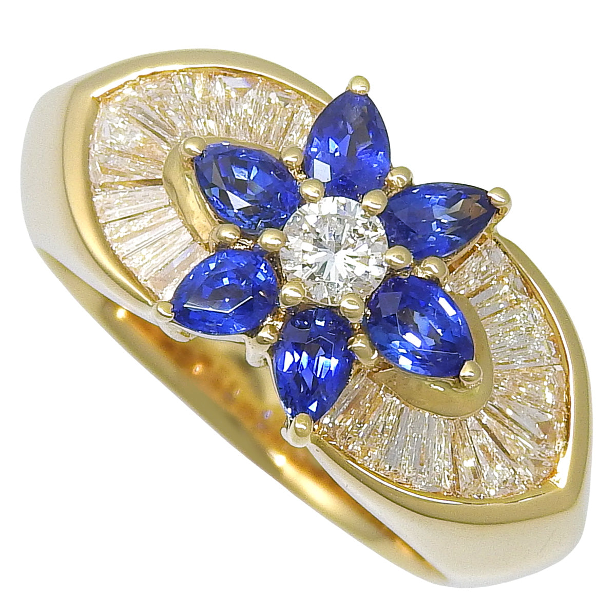 サファイア フラワー リング S0.87/D0.50,0.15 K18YG 7.8g