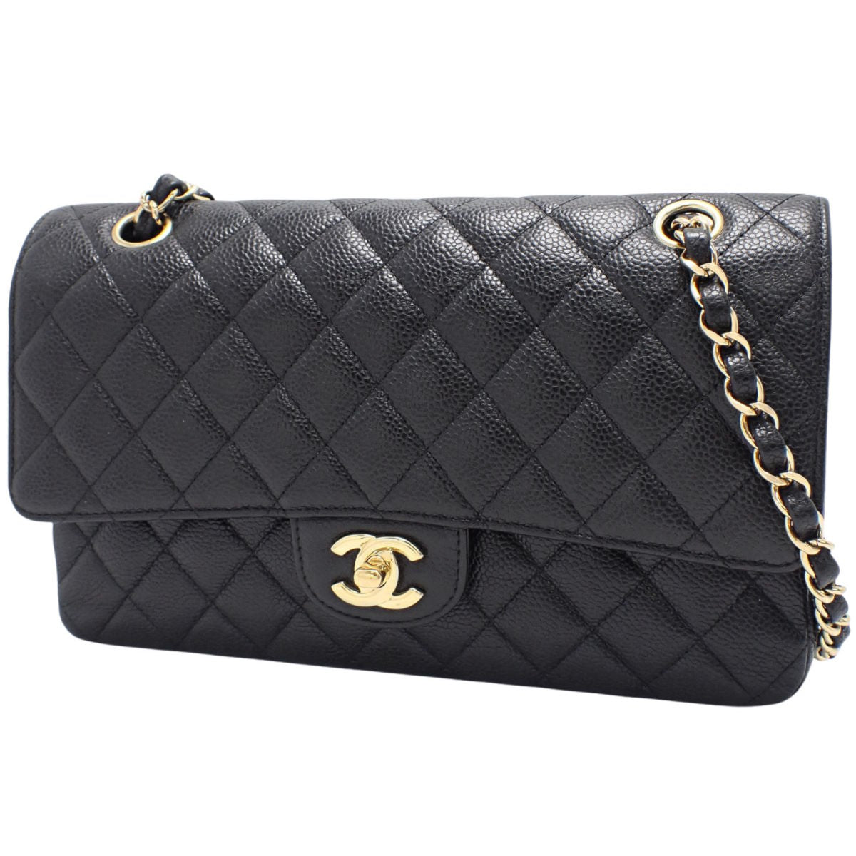 Matelasse Coco Mark W-Flap 25 链条肩背包，鱼子酱纹皮革，黑色 (A01112)