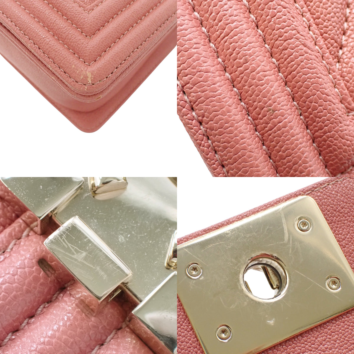 Boy Chanel 鱼子酱纹皮革 Chevron 链条肩背包，粉米色