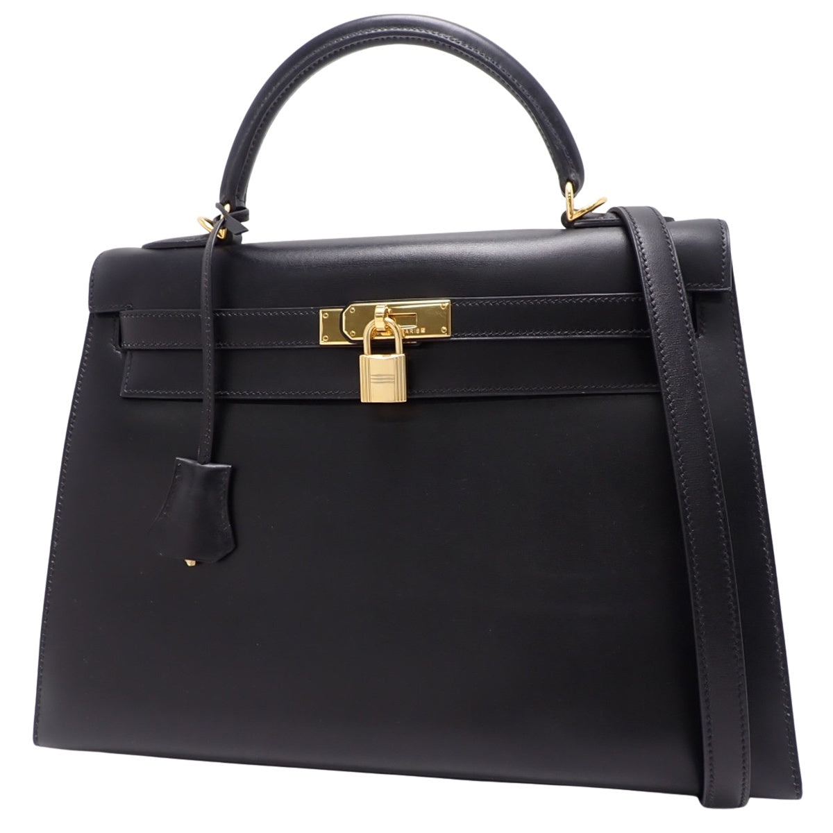 Kelly 32 (Outer Stitch) Box Calf Leather, Black, Gold Hardware, D Stamp