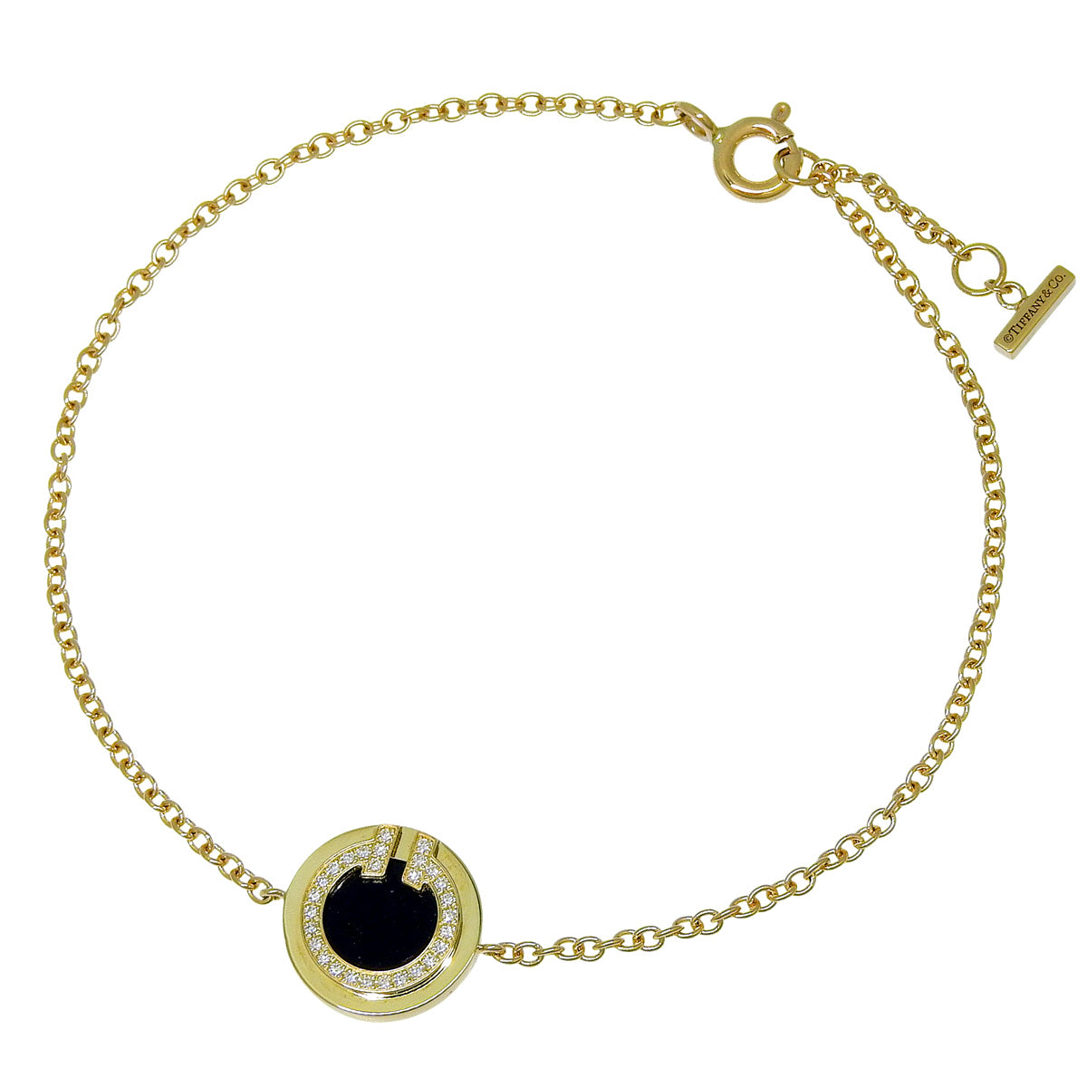 T Two Circle Bracelet with Onyx and Diamonds, 18K Yellow Gold, 2.9g