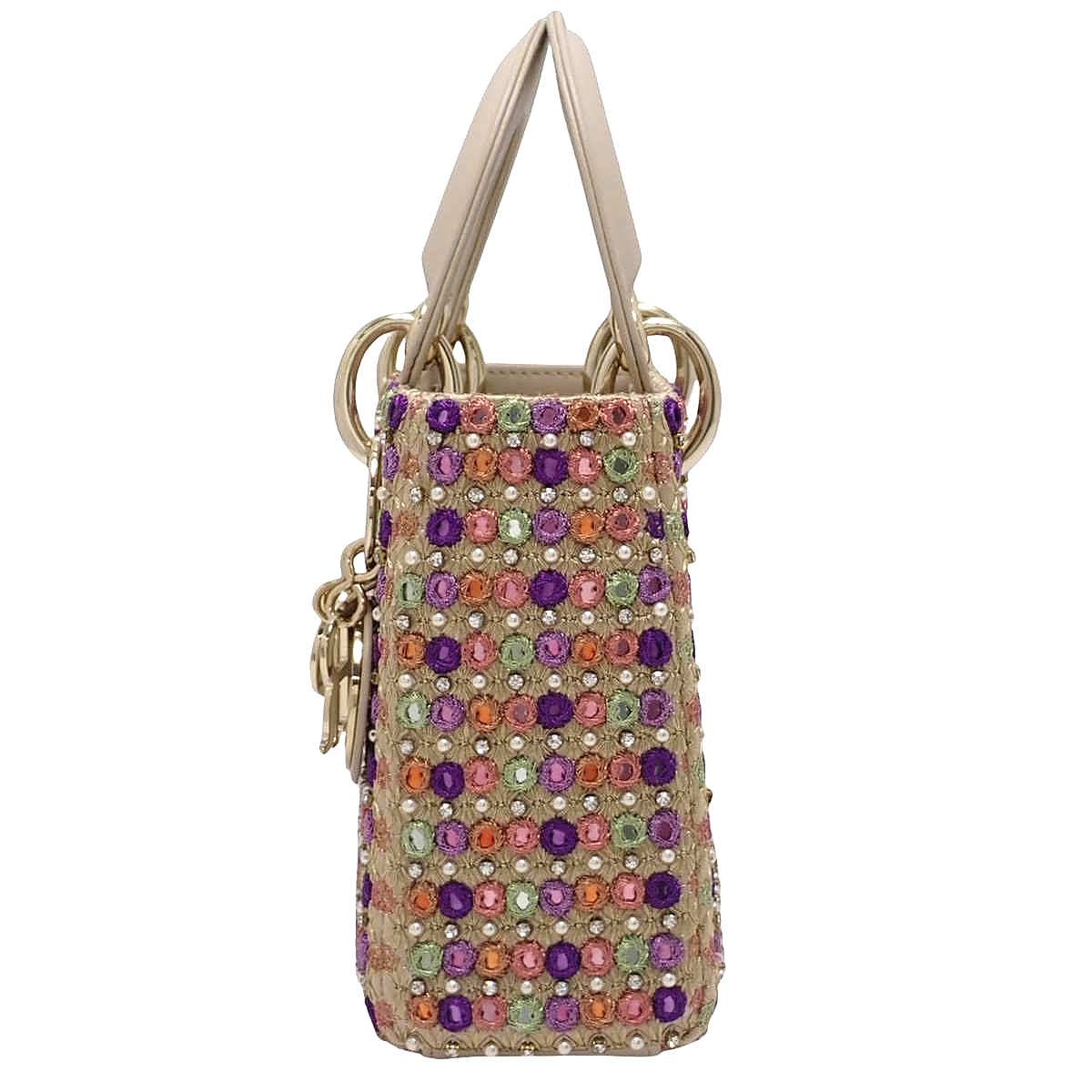 Lady Dior Mini Leather Embroidered Sequins Shoulder Bag in Beige, Purple, Green/Orange, and Multicolor Sequins