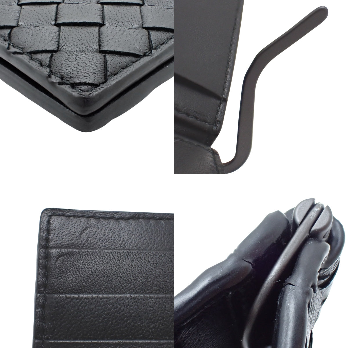 黑色皮革编织对折钱包，带钱夹