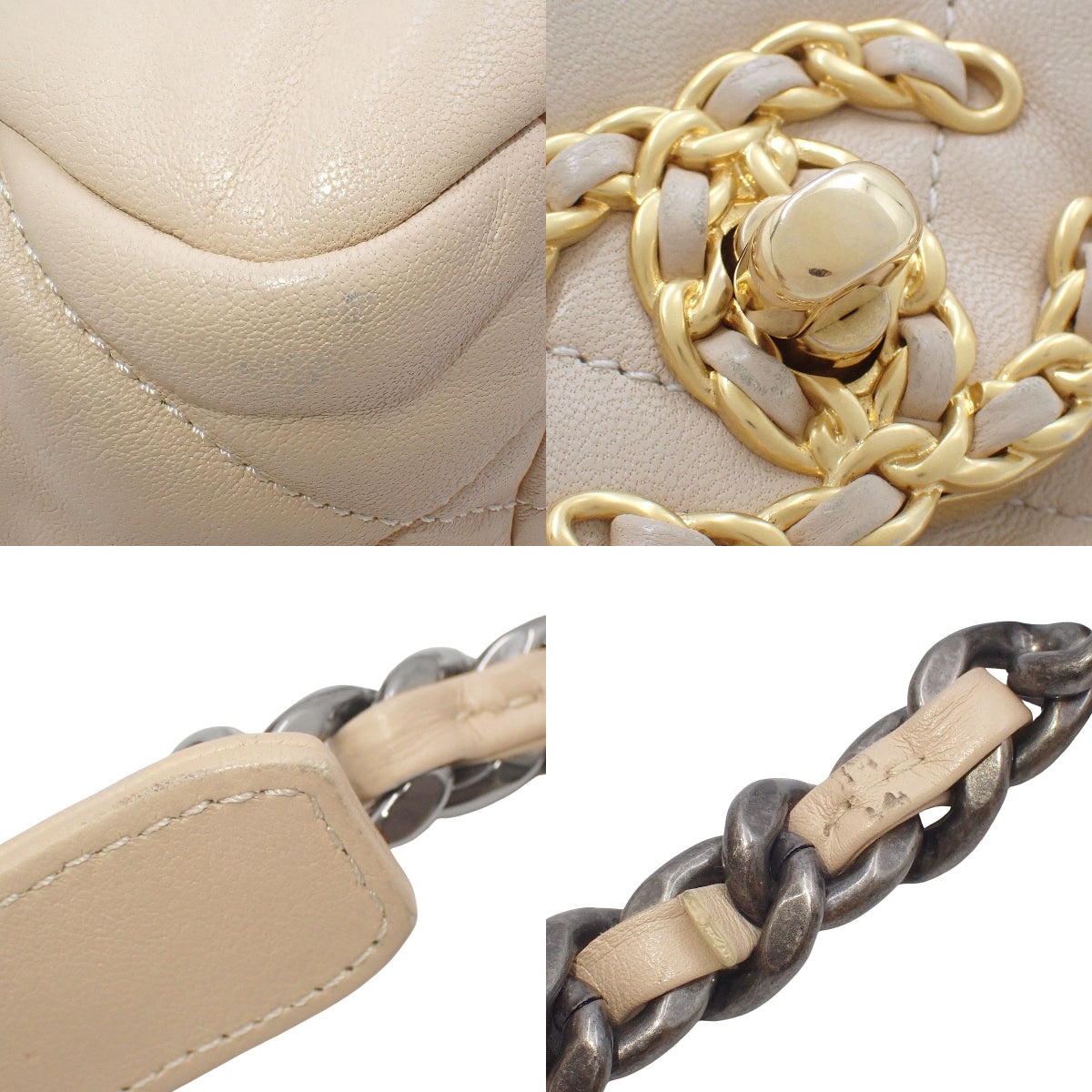 香奈儿 19 英寸绗缝链条肩背包，米色羊皮 (AS1160)