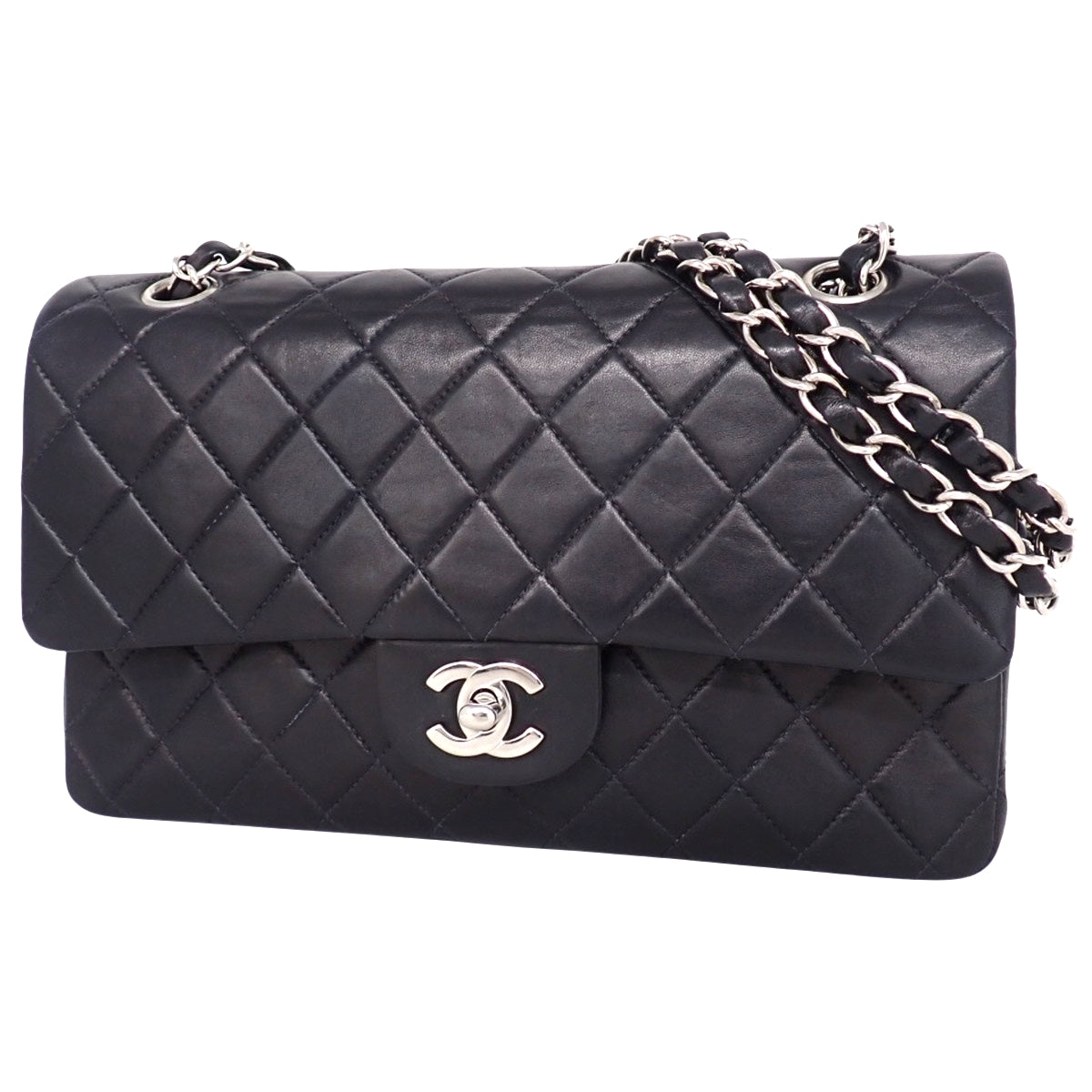 ココマーク Wフラップ25 チェーンショルダーバッグ ラムスキン ブラック A01112