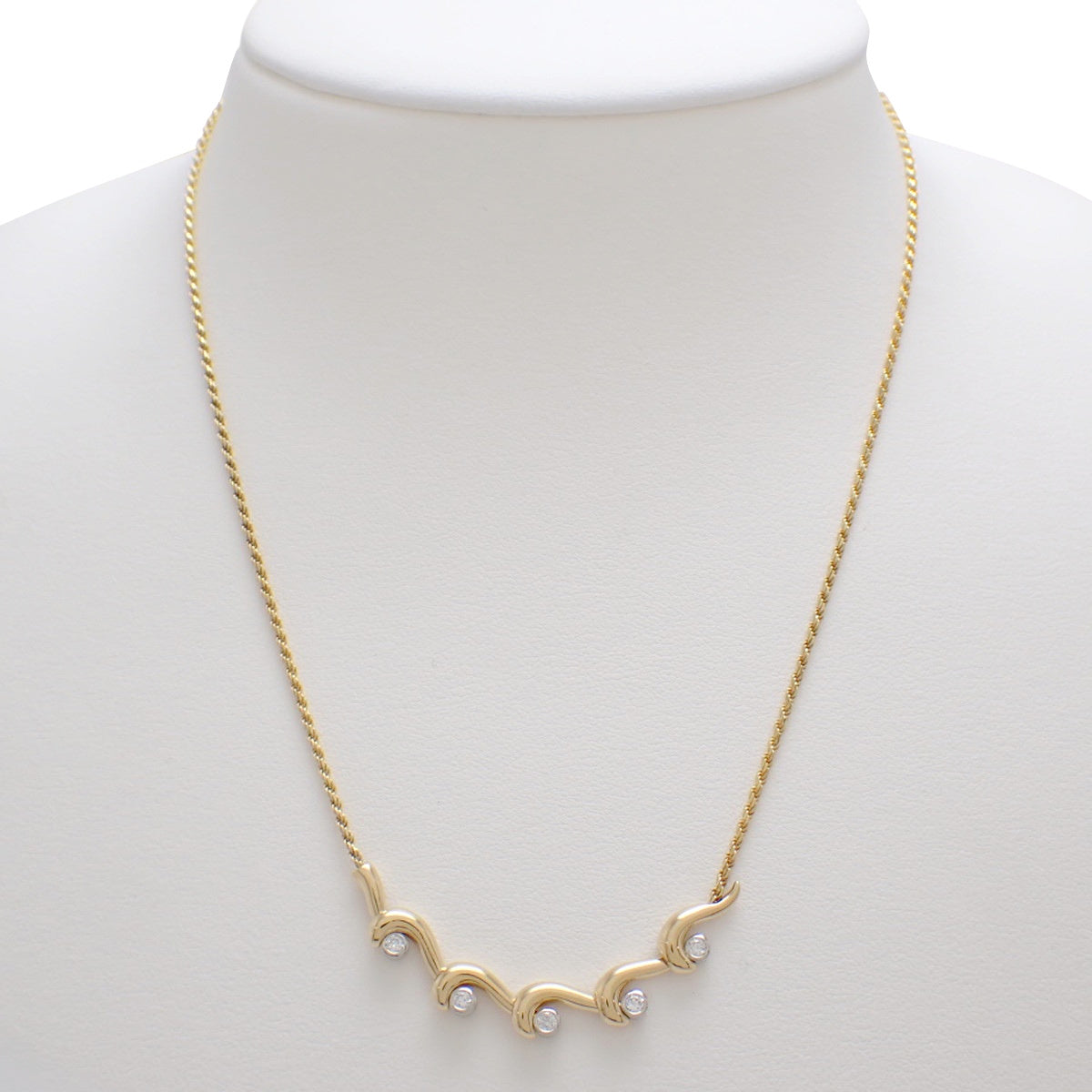 Wave Motif Diamond Necklace D0.21 Yellow Gold K18YG Platinum Pt850 7.7g