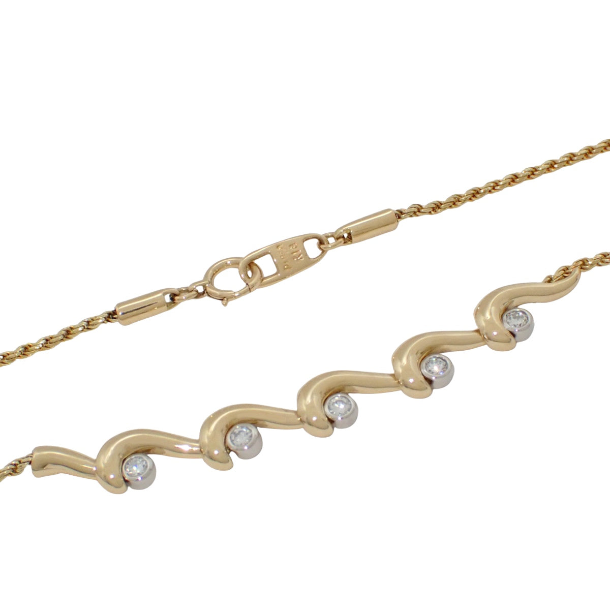 Wave Motif Diamond Necklace D0.21 Yellow Gold K18YG Platinum Pt850 7.7g