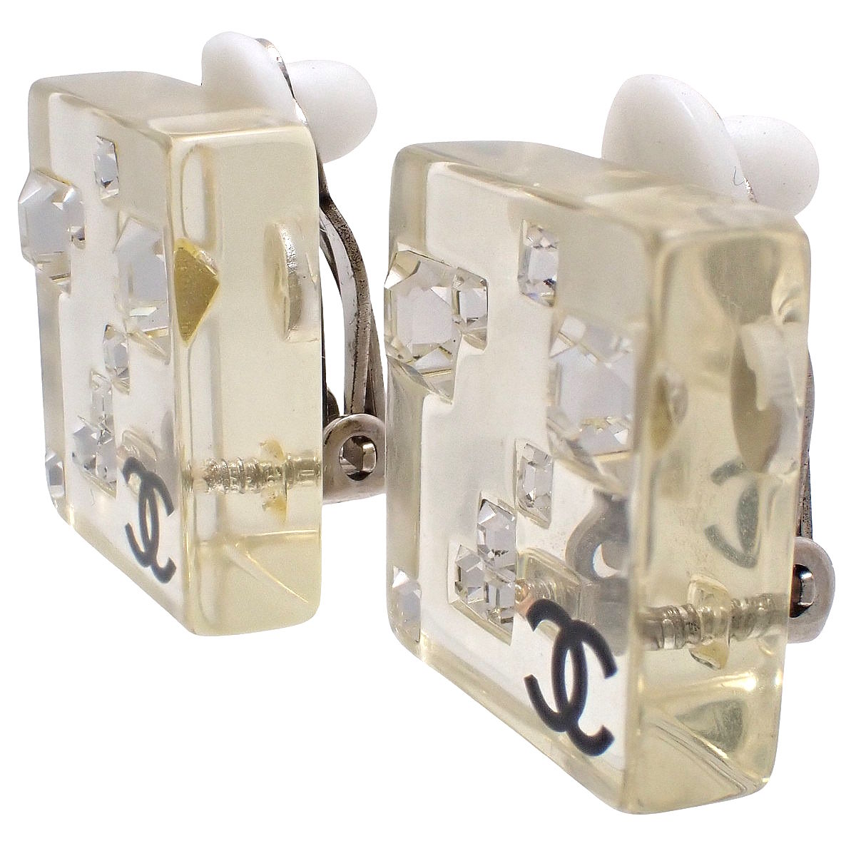 Coco Mark Rhinestone Clear Earrings Metal Plastic