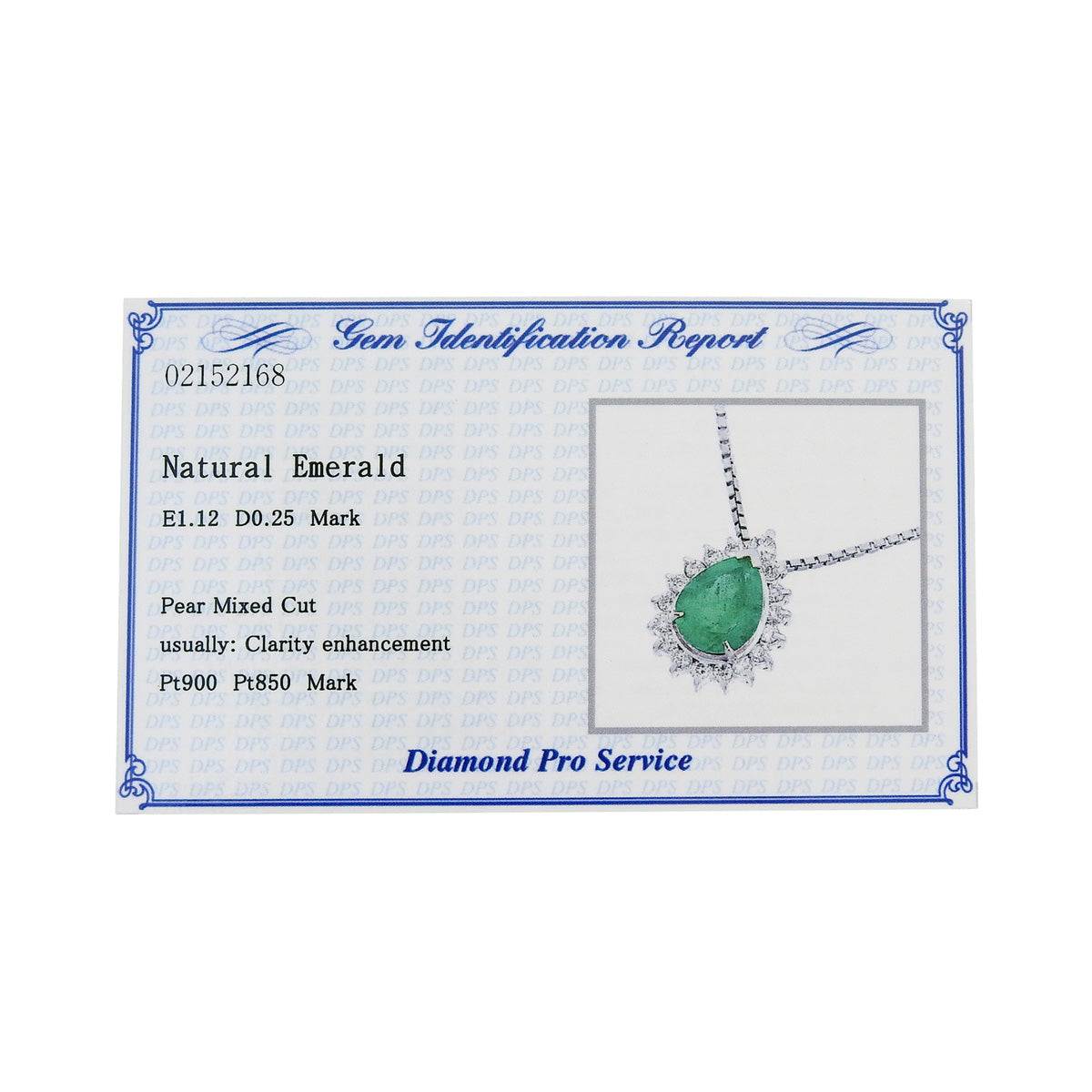Emerald Diamond Teardrop Necklace E1.12/D0.25 Platinum Pt850 6.2g