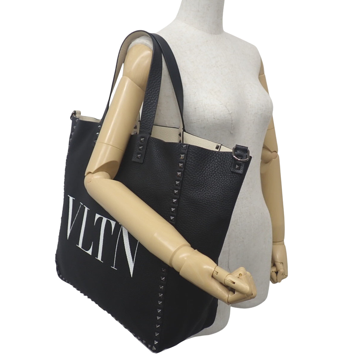 Reversible Big Tote Leather Black Beige