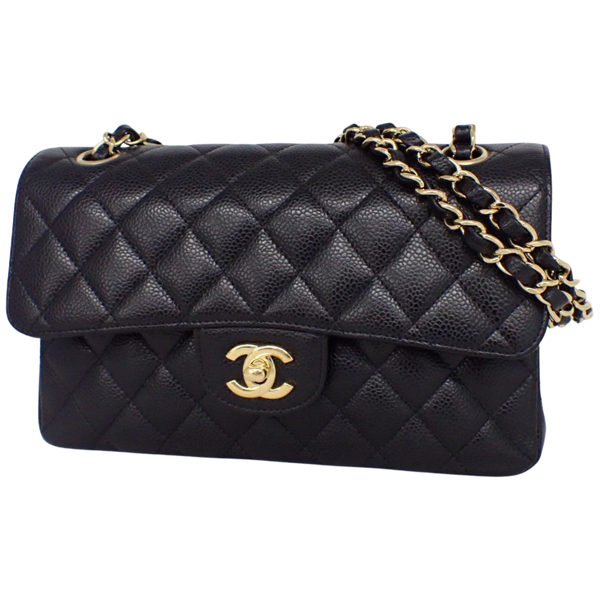 マトラッセ ココマーク Wフラップ23 チェーンショルダーバッグ キャビアスキン ブラック A01113