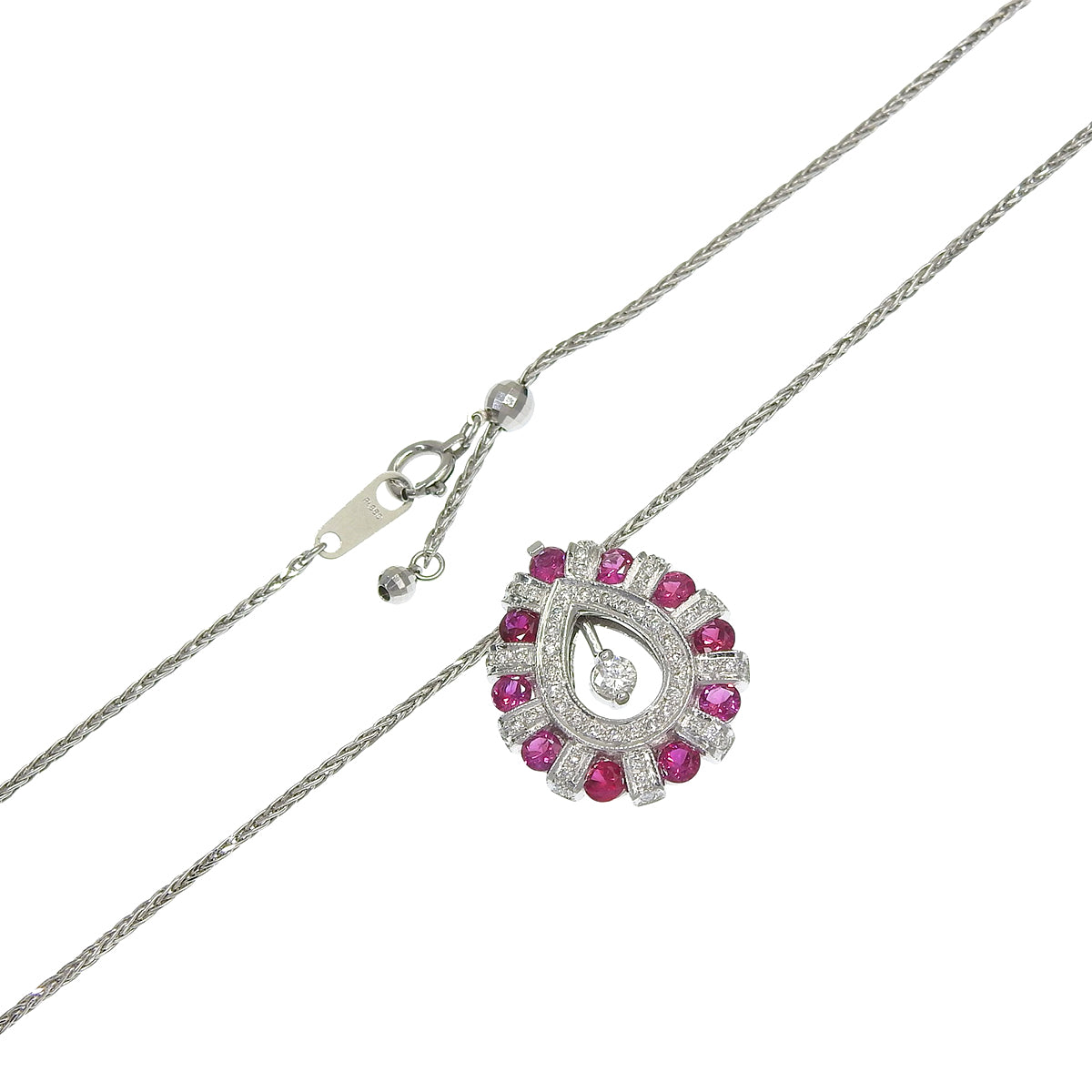 Ruby and diamond necklace, R1.25/D0.30,1.10, platinum (Pt850) and white gold (K18WG), 11.1g