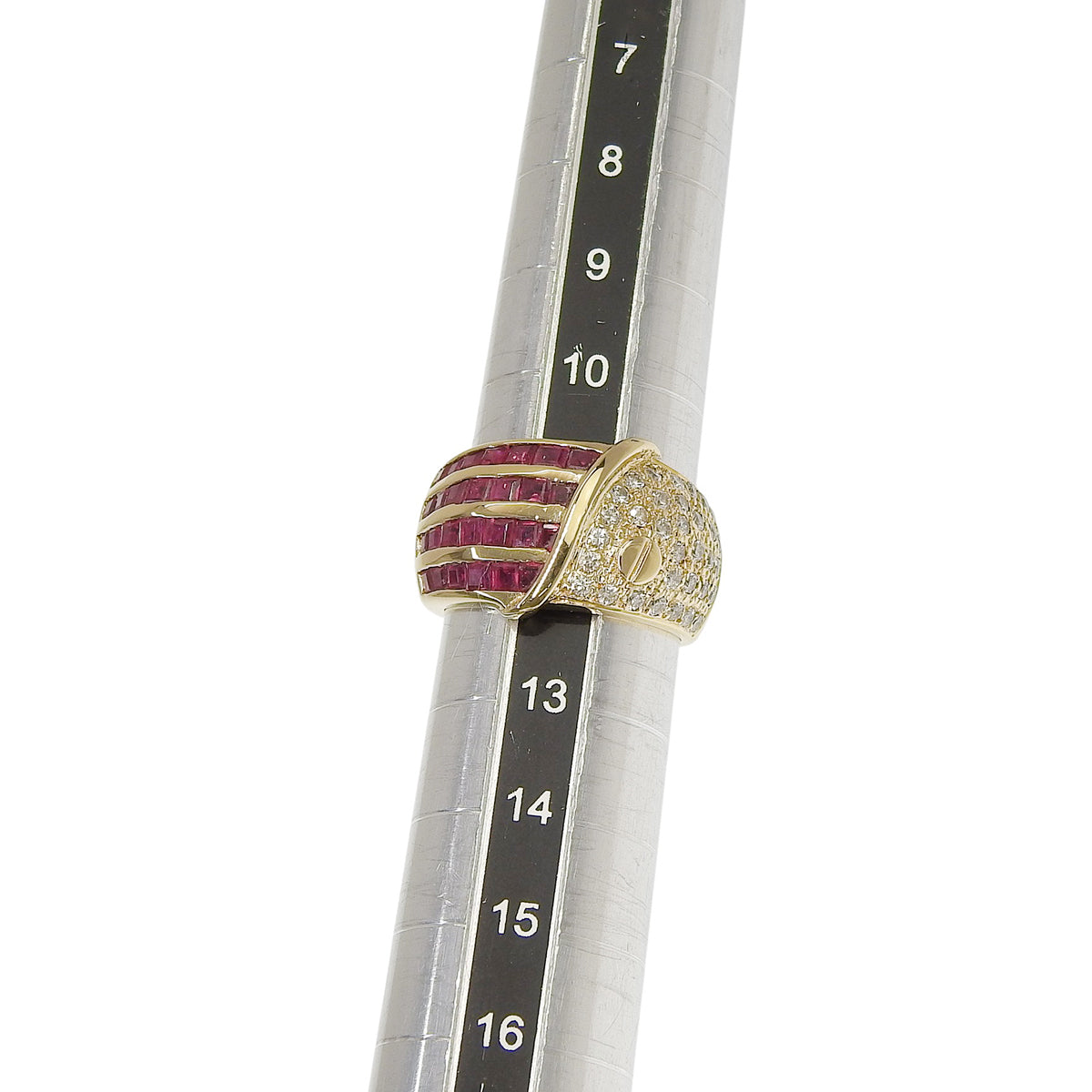 Pavé diamond and four-row ruby ​​ring, R2.19/D0.49, 18K yellow gold, 9.0g
