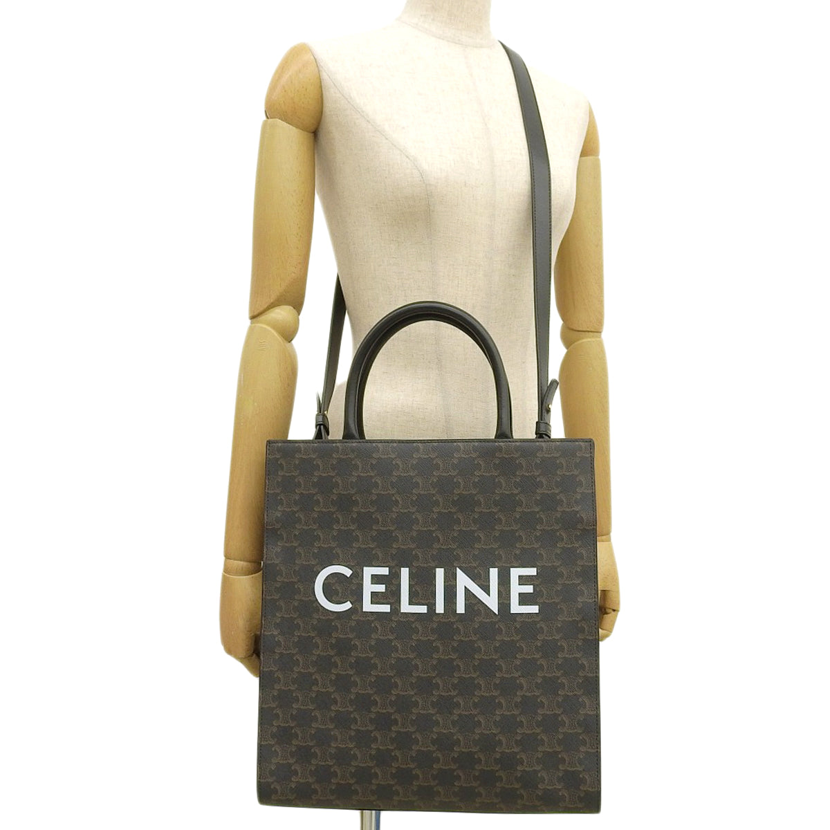 Medium Vertical Cabas 小牛皮 Triomphe 帆布深棕色黑色 194432CIM