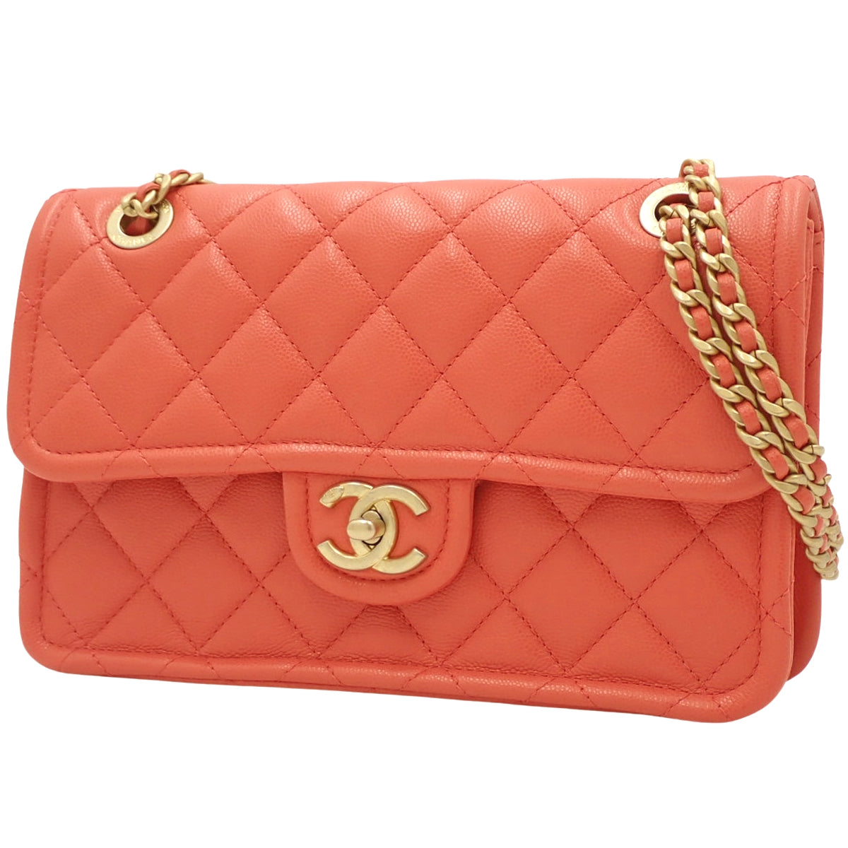 マトラッセ ココマーク チェーンショルダーバッグ キャビアスキン コーラルピンク