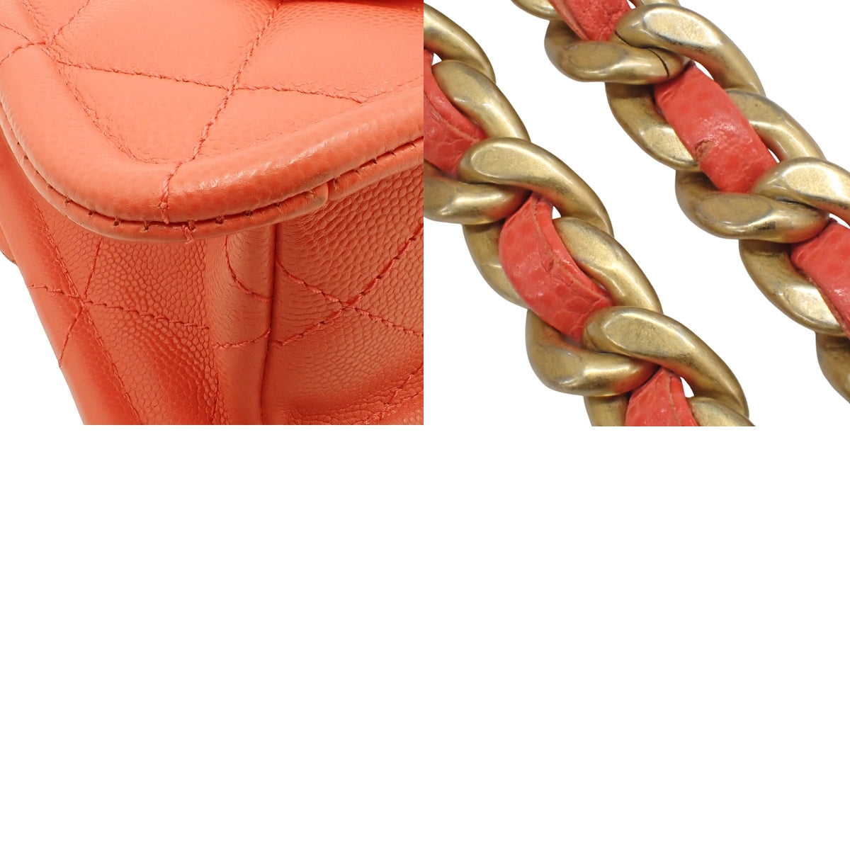 Matelasse Coco Mark Chain Shoulder Bag in Caviar Skin, Coral Pink