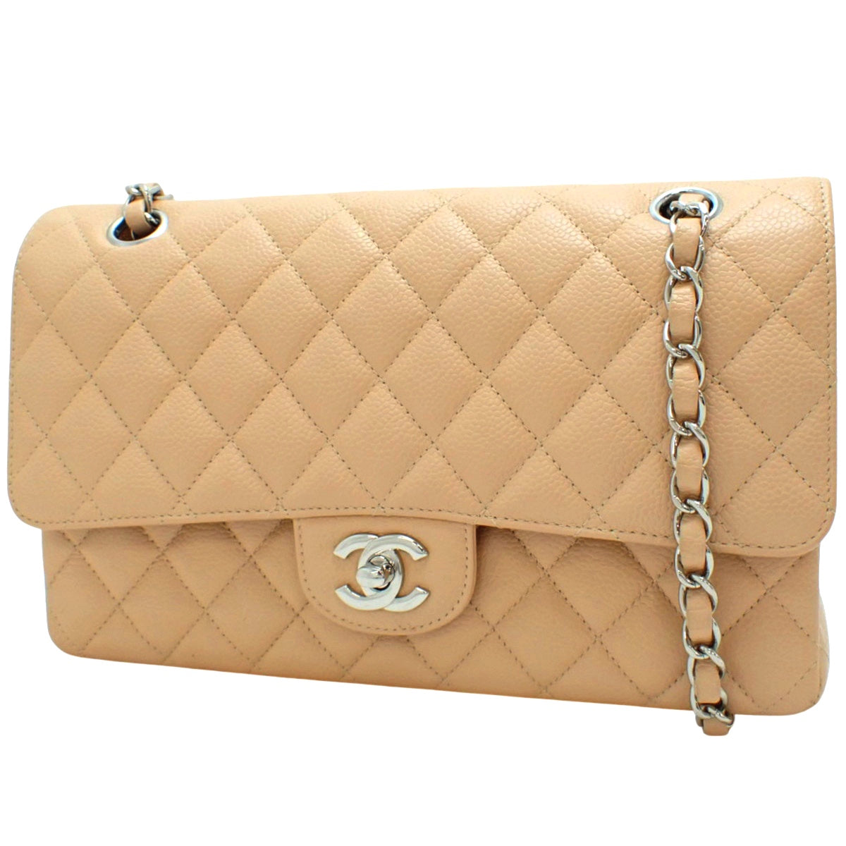 マトラッセ ココマーク Wフラップ25 チェーンショルダーバッグ キャビアスキン ベージュ