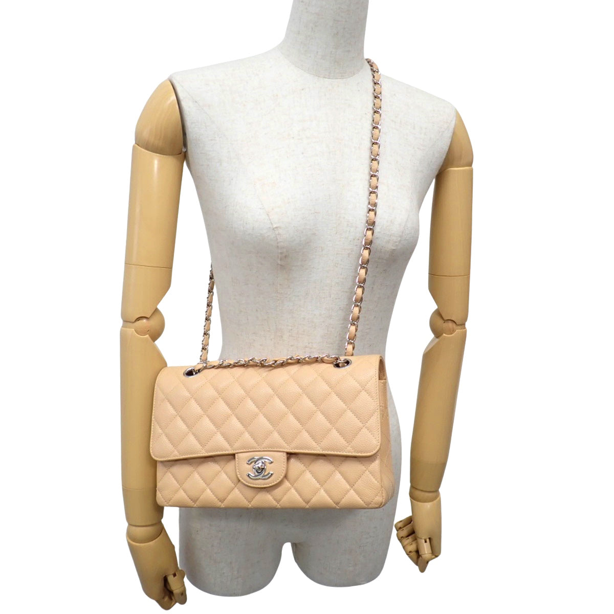 Matelasse Coco Mark Double Flap 25 Chain Shoulder Bag in Beige Caviar Skin