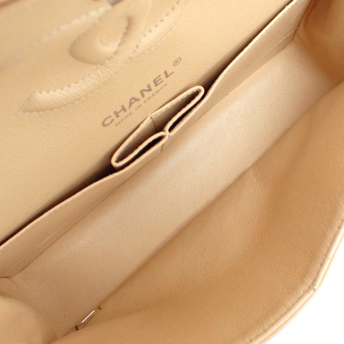 Matelasse Coco Mark Double Flap 25 Chain Shoulder Bag in Beige Caviar Skin