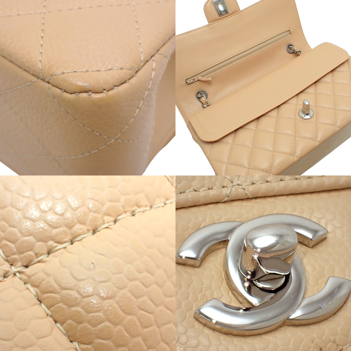 Matelasse Coco Mark Double Flap 25 Chain Shoulder Bag in Beige Caviar Skin
