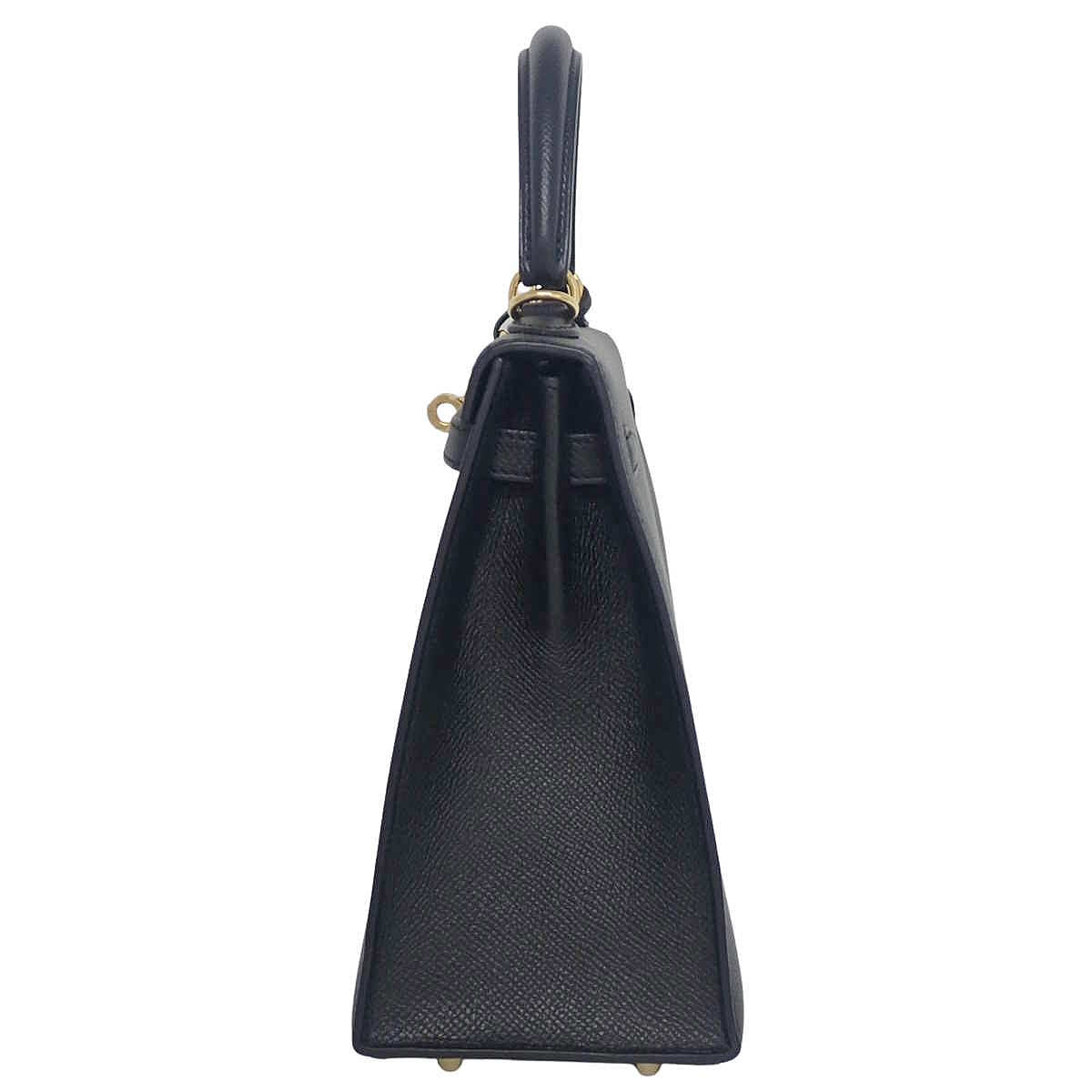 Kelly 25 (Exterior Stitched) Epsom Calfskin Leather, Black, Gold Hardware, X Stamp
