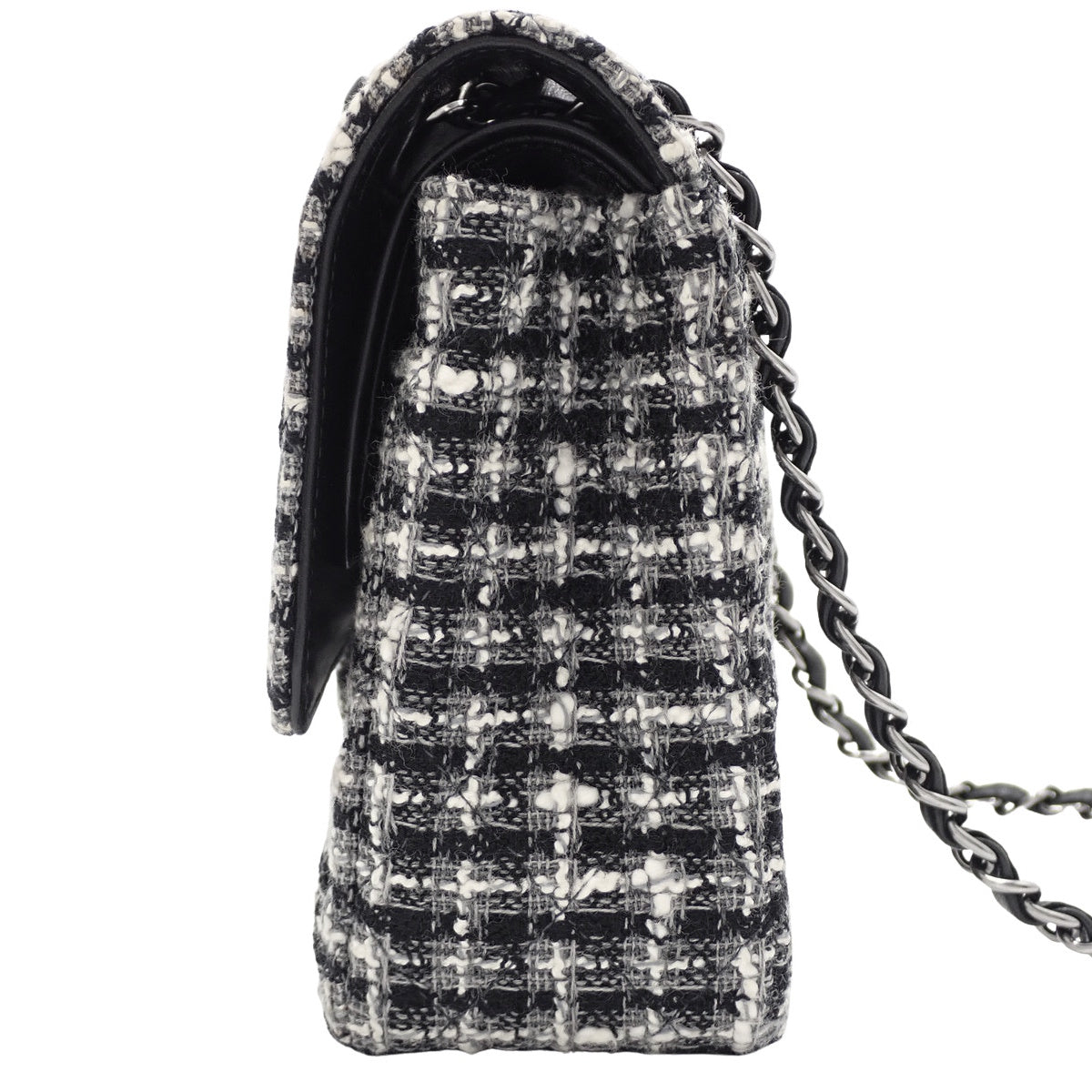 Matelasse Coco Mark Double Flap Chain Shoulder Bag in Tweed, Lambskin, Black and White A01112