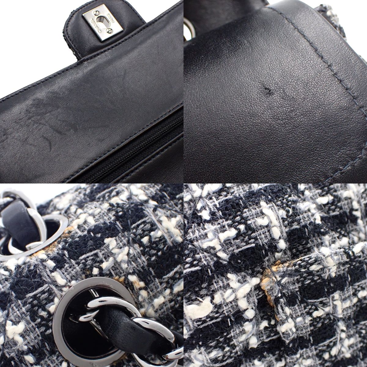 Matelasse Coco Mark 双盖链条肩背包，斜纹软呢、羊皮、黑色和白色 A01112