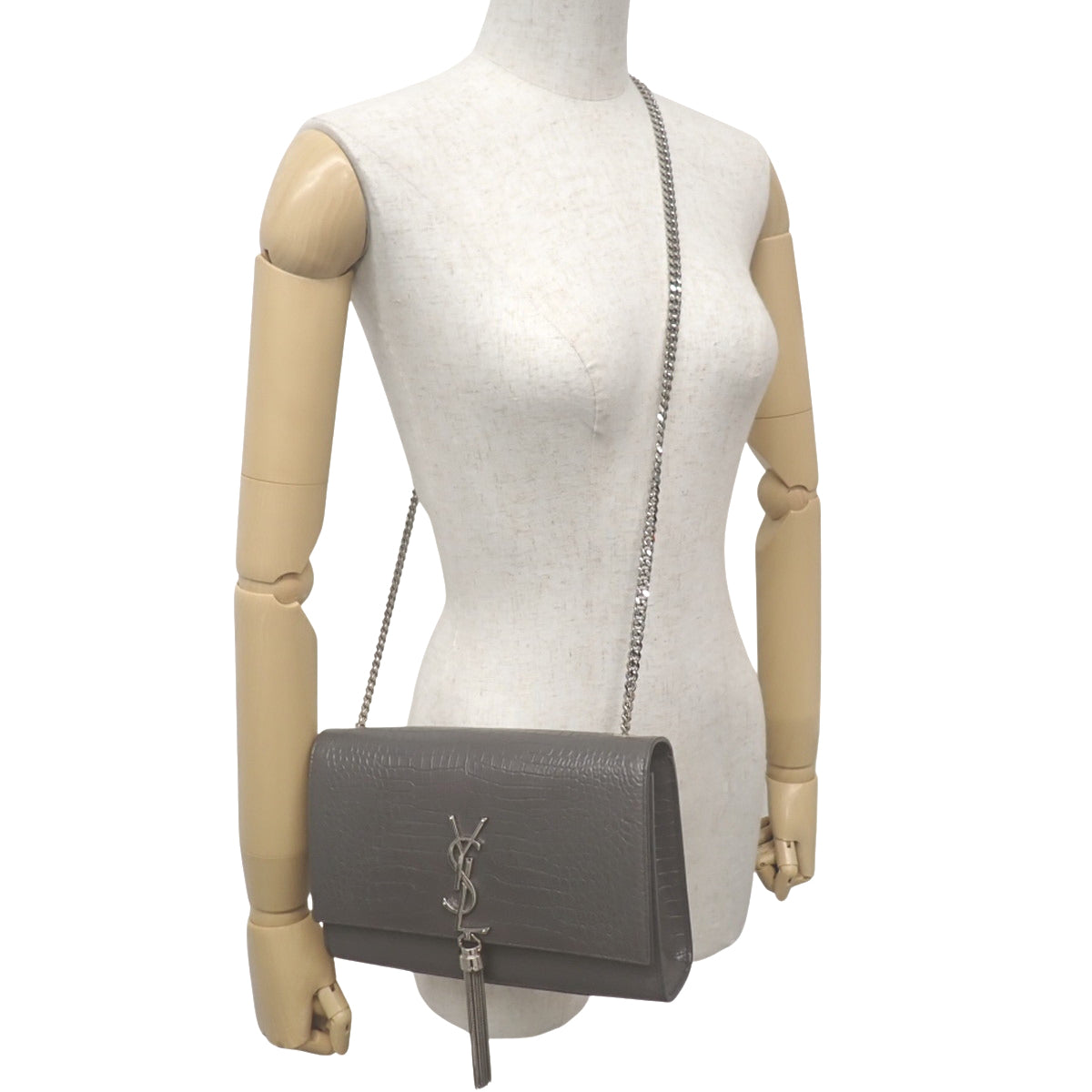 ケイト タッセル サッチェル チェーンショルダーバッグ レザー グレー 354119