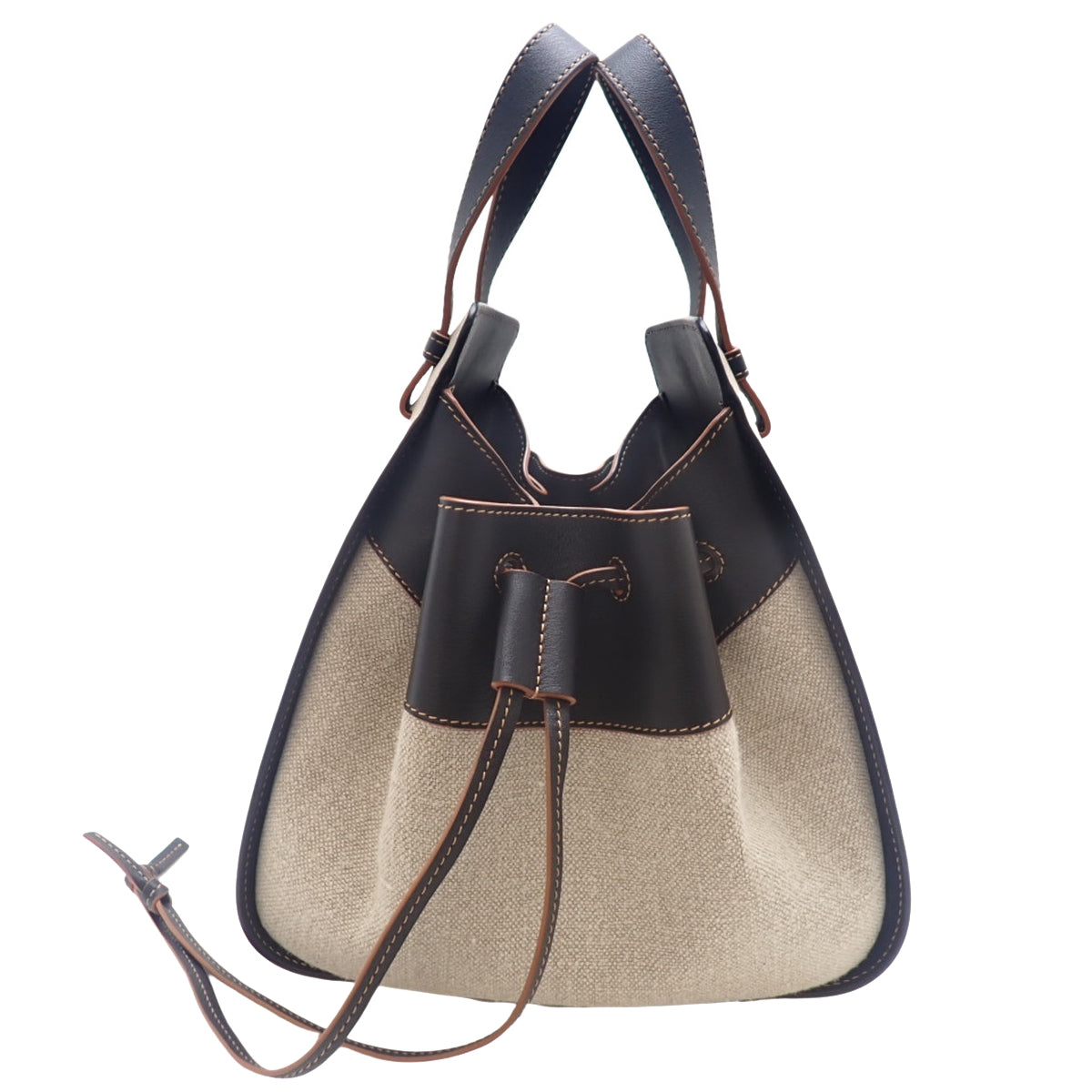 Hammock Drawstring Small Calfskin Linen Beige Black A538Z95X09