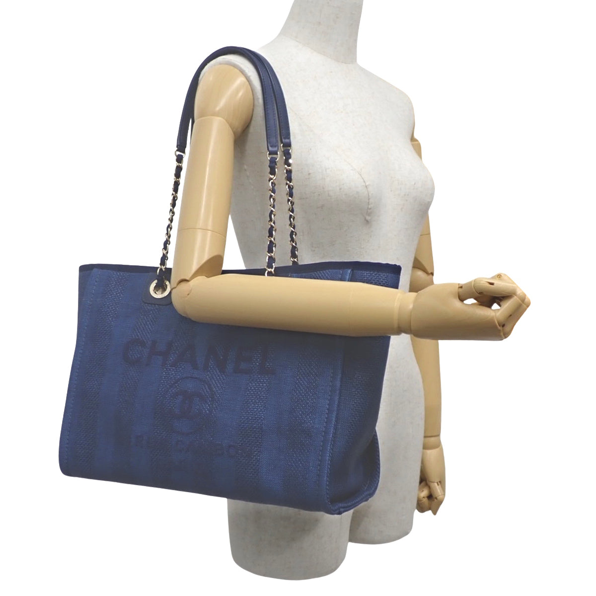 Deauville Chain Tote MM Canvas Leather Navy