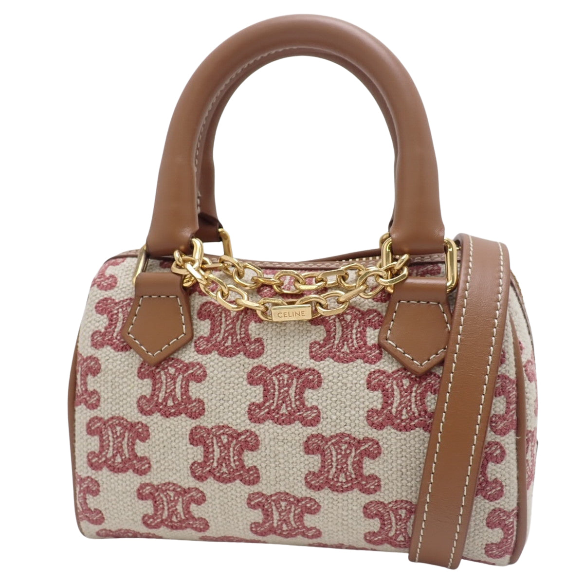 マカダム ミニボストンバッグ キャンバス レザー ベージュ ブラウン レッド 赤