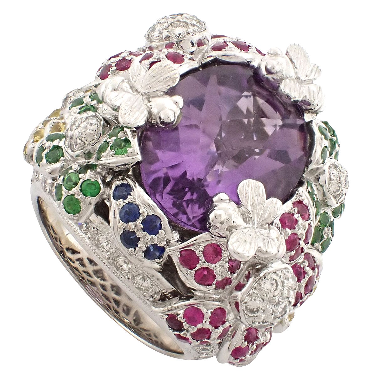 アメジスト ダイヤモンド フラワーモチーフ リング AM7.65/D1.18 K18WG 25.8g