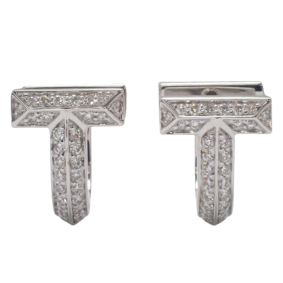 T One Half Pave Diamond Huggie Earrings, Diamond, D0.14, White Gold, K18WG, 7.7g