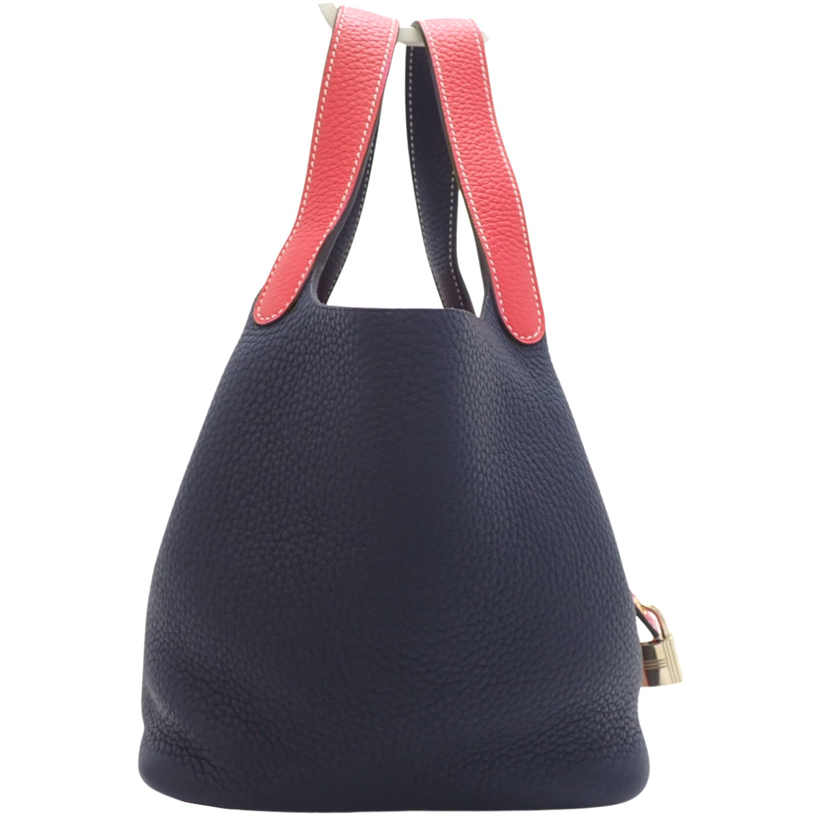 Picotin Lock Casaque PM，Taurillon Clemence 皮革，Rose Extreme，Blue Nuit，金色五金配件，D 印章。